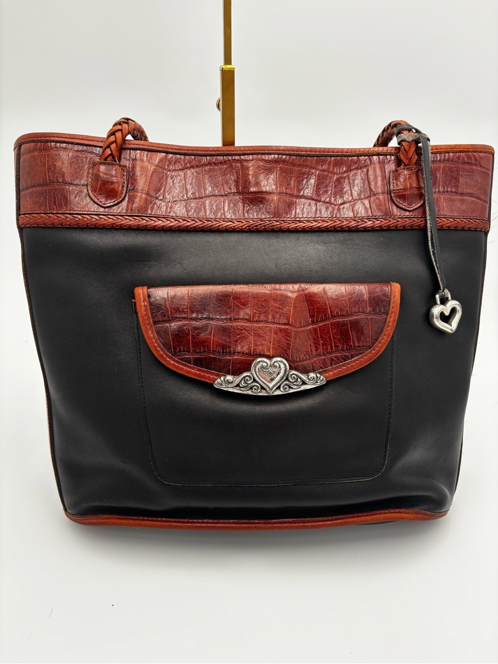 Brighton Black Leather Croc Trim Tote Bag Braided Straps